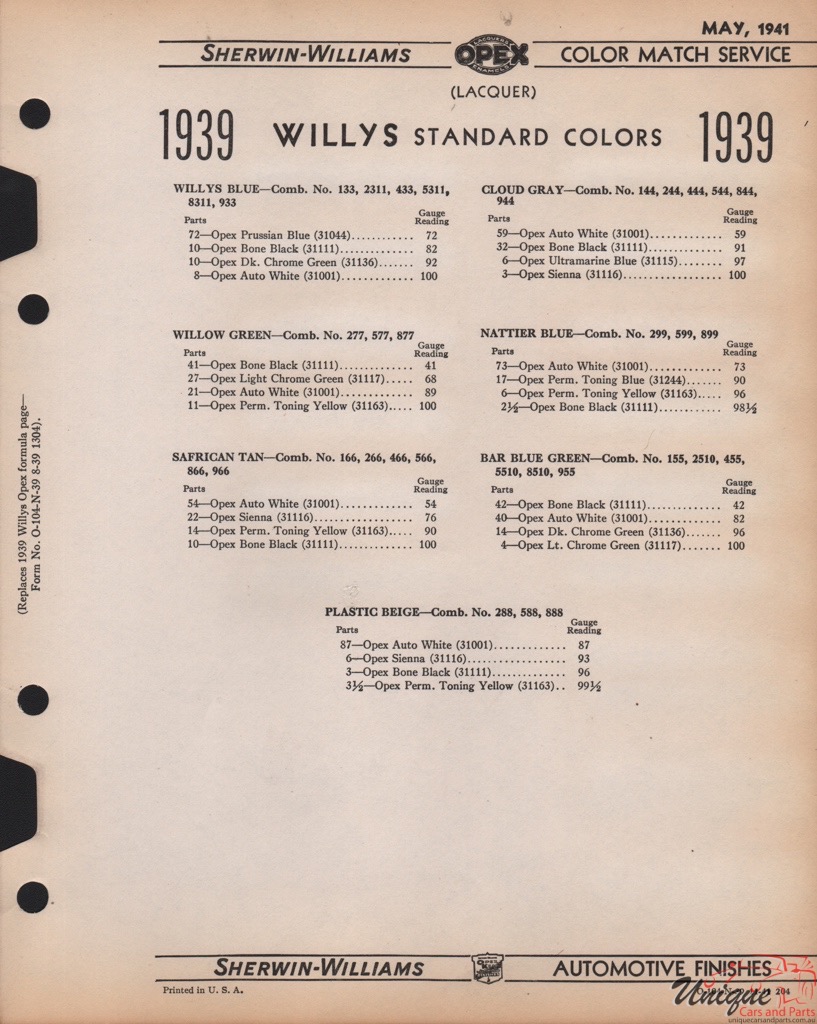 1939 Willys Paint Charts Williams 2